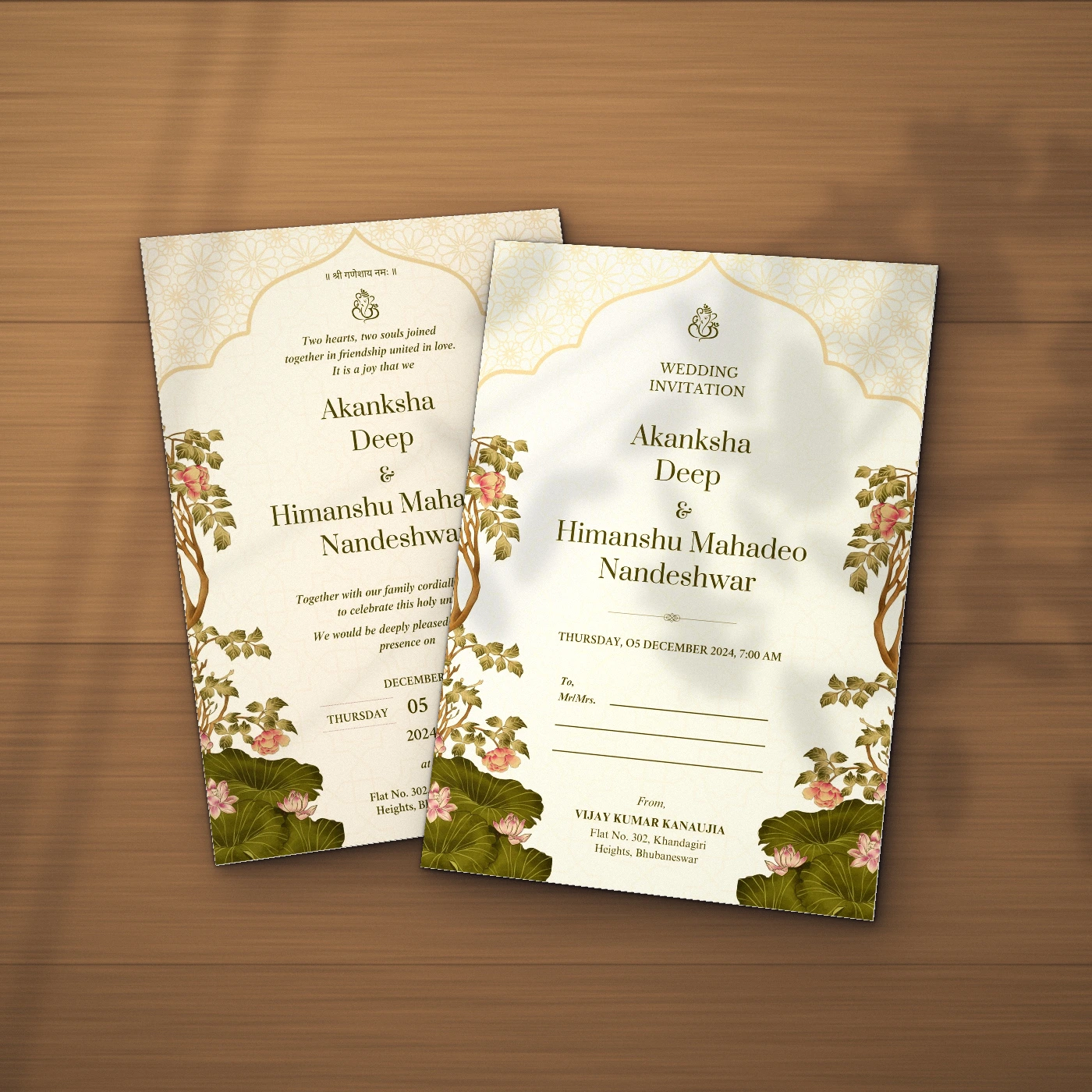Akanksha & Himanshu invitation, front and inside